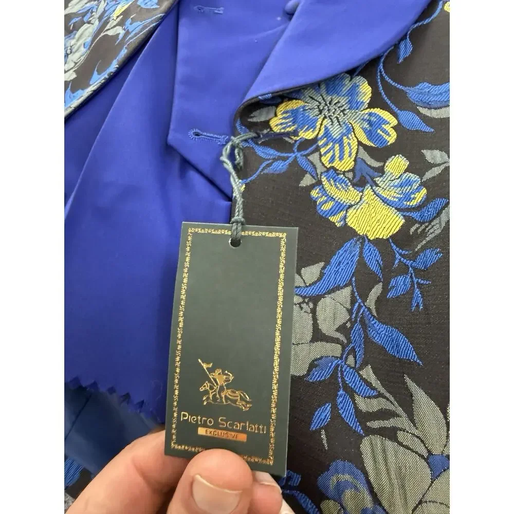 Pietro Scarlatti Mens Suit Tuxedo US 44 EU 54 Floral Blazer Vest Pants Blue T5